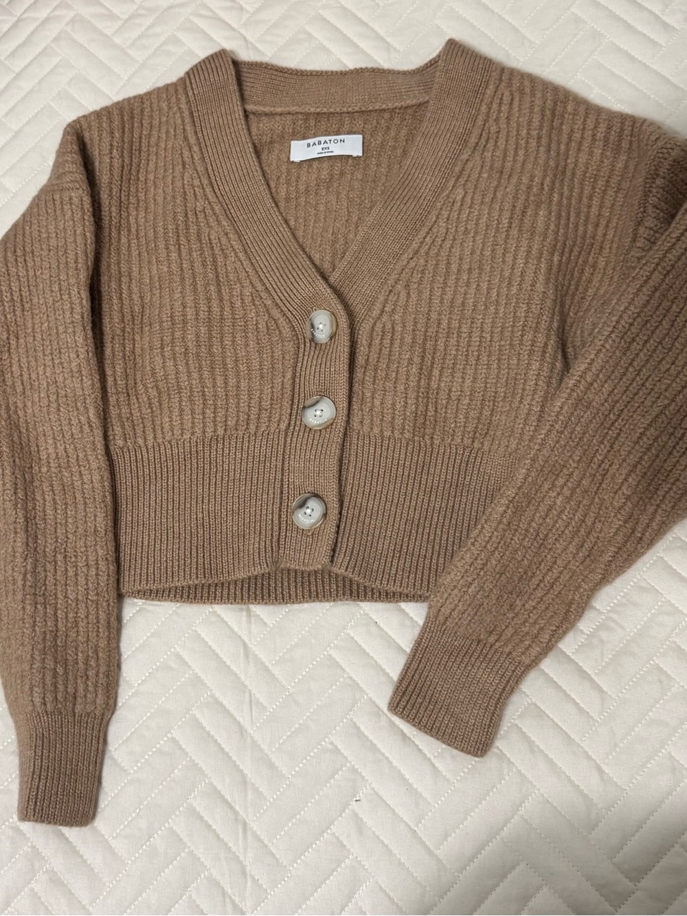 Babaton Cropped Ribbed V-Neck Cardigan - Camel Brown